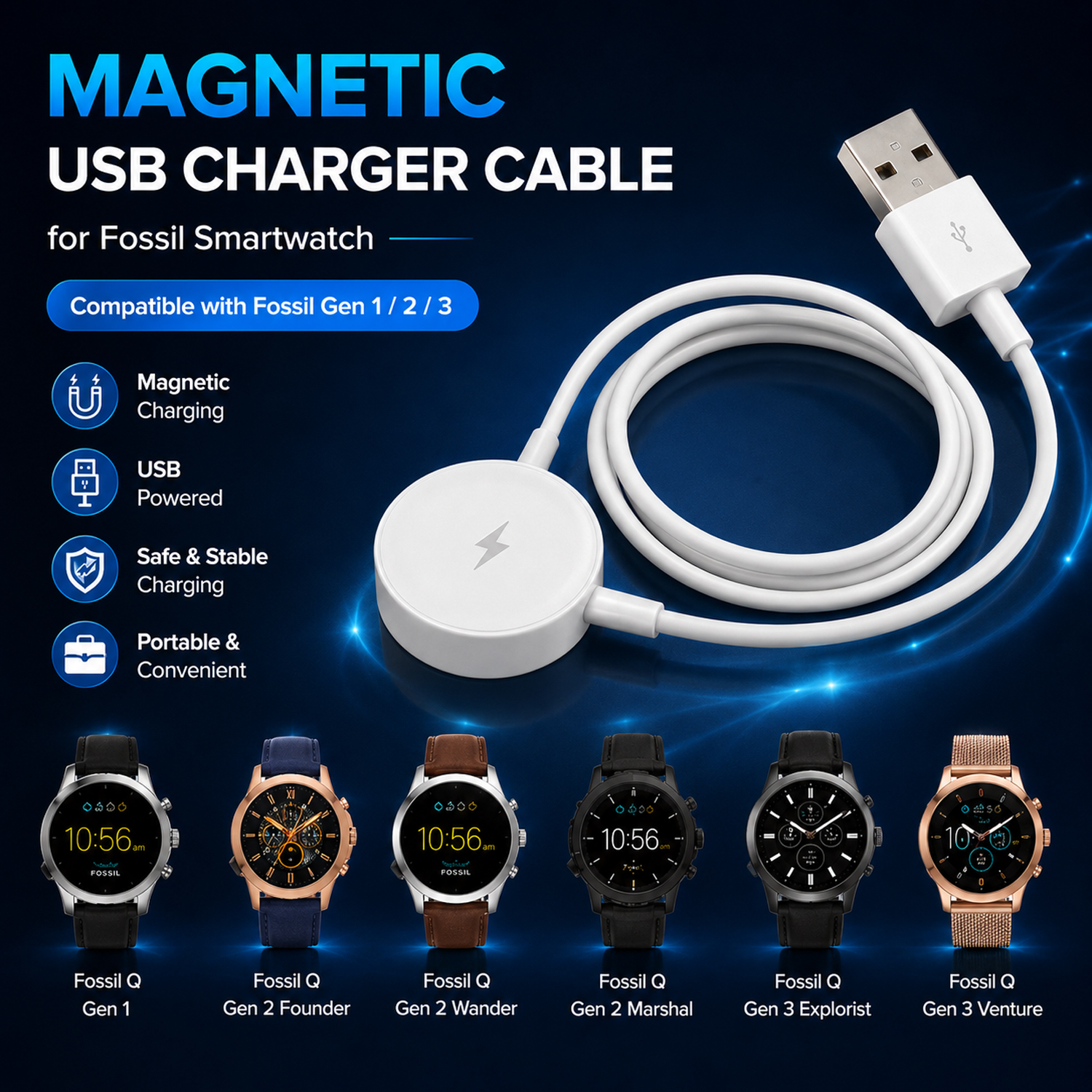 Fossil Watches Smartwatch Charger - Cable de carga magnético USB para
